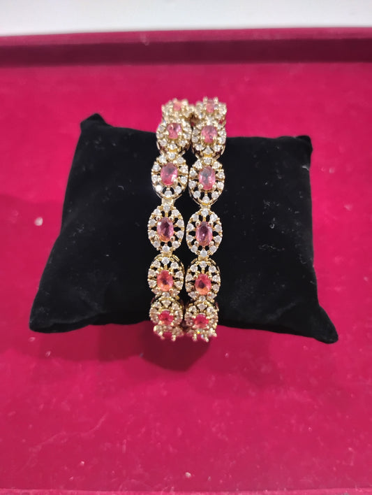 Fantastic Pink And White Crystals Gold Plated Bangles For Women