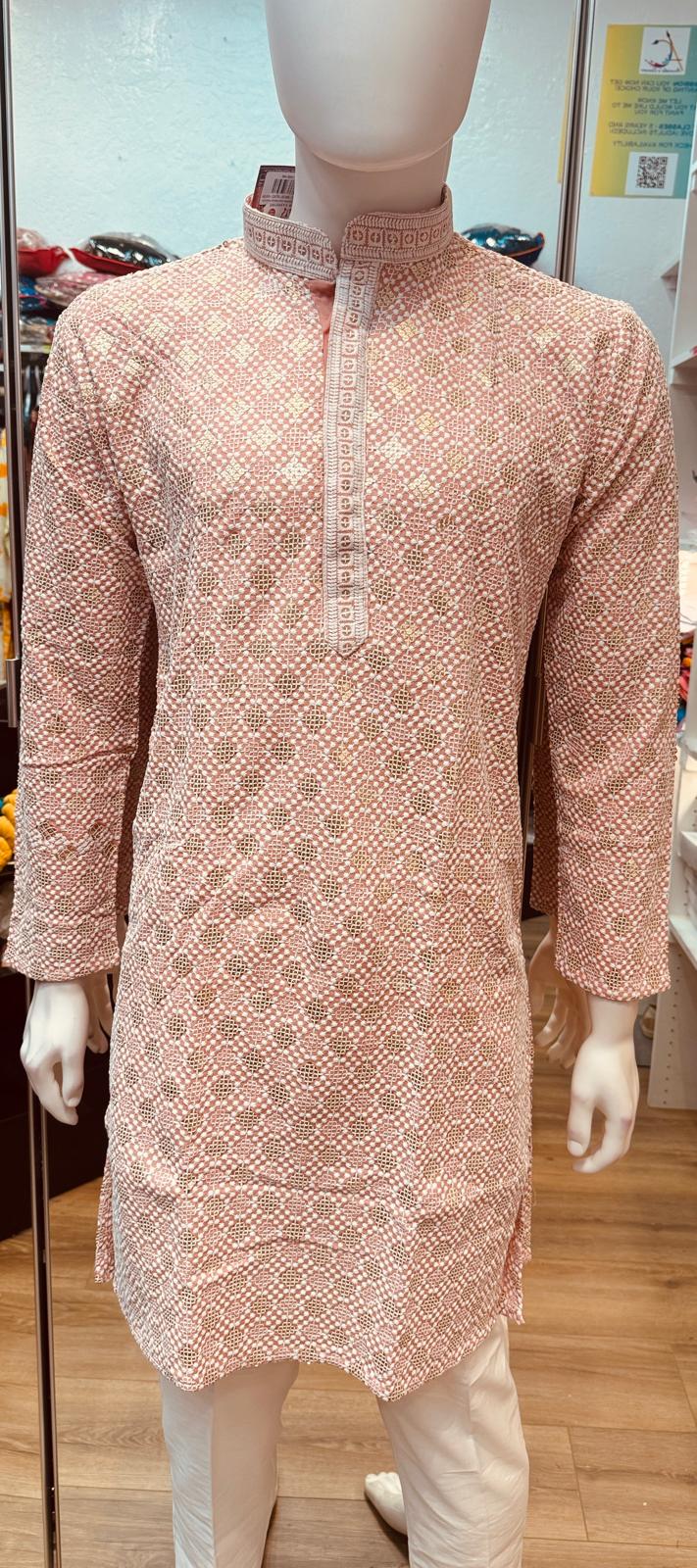 Attractive Light Pink Color Premium Rayon With Embroidery and Sequins Work Kurta Suit For Men