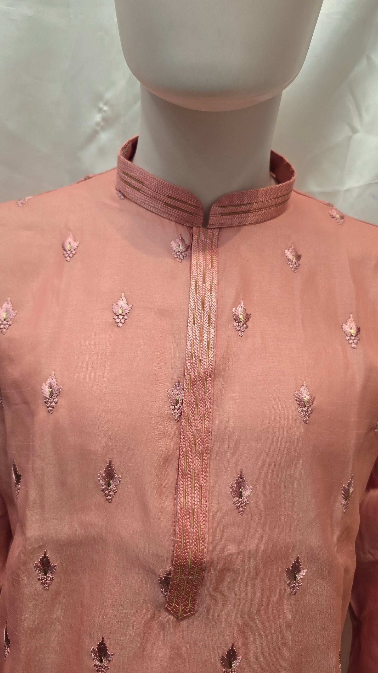 Attractive Pink Color Embroidery Work Silk Kurta With Pajama For Men