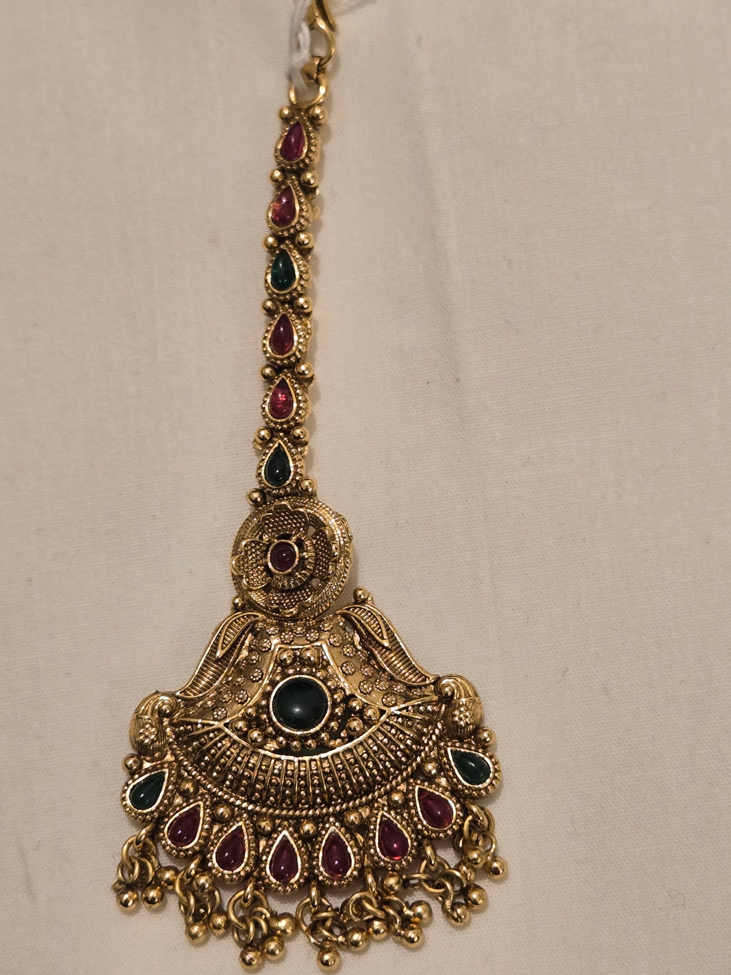 Beautiful Golden Pink And Green Stone Maang Tikka For Women