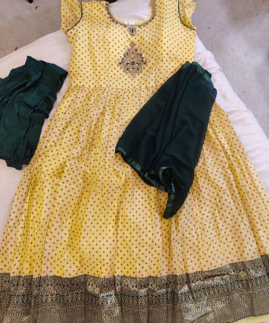 Pleasing Yellow Color Silk Cotton Salwar Suits With Stone Work In Tempe