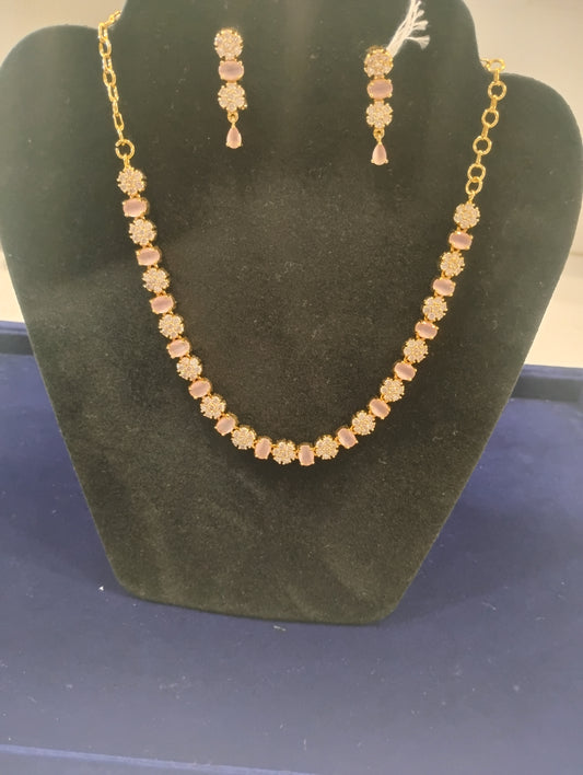 Pretty Gold Plated White And Light Pink Stones Necklace With Earrings For Women