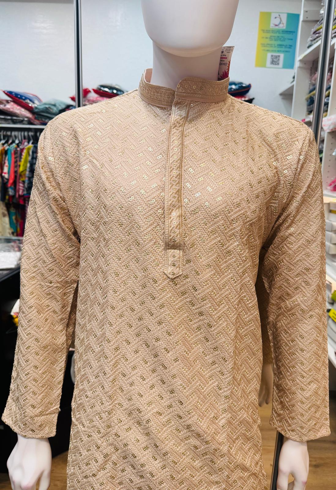 Marvelous Beige Color Rayon With Embroidery And Sequins Work Kurta And Pajama For Men