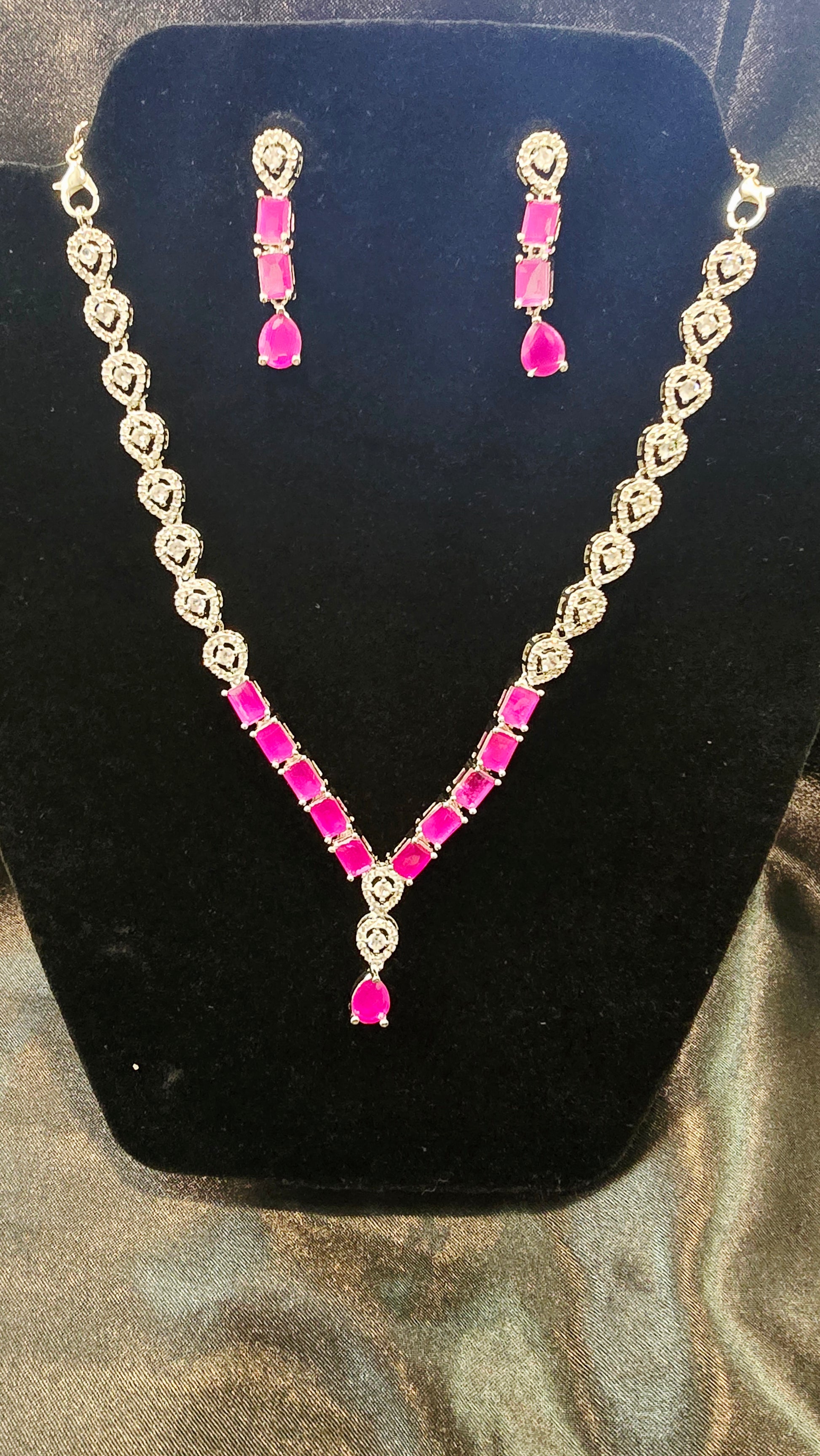 Alluring American Diamond Dark Pink Color Stones Necklace And Earrings Set 