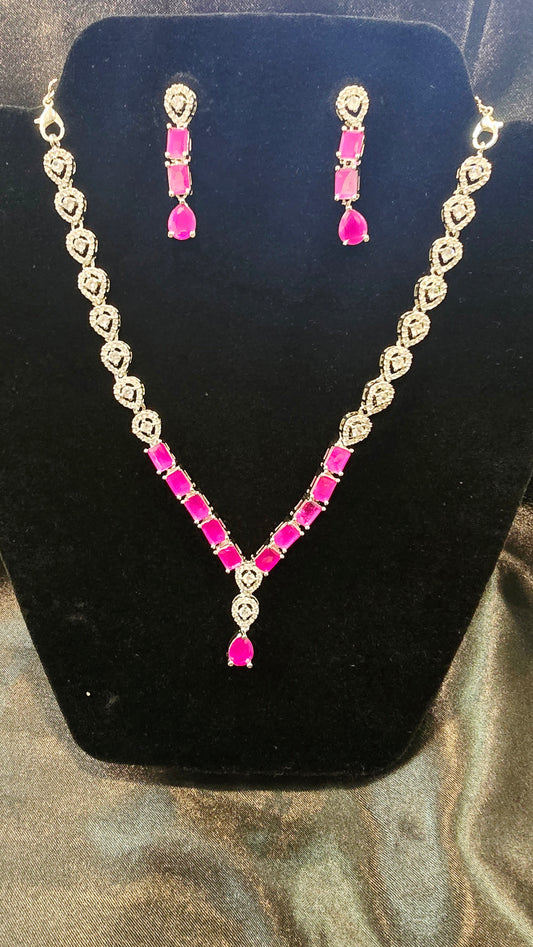 Alluring American Diamond Dark Pink Color Stones Necklace And Earrings Set 