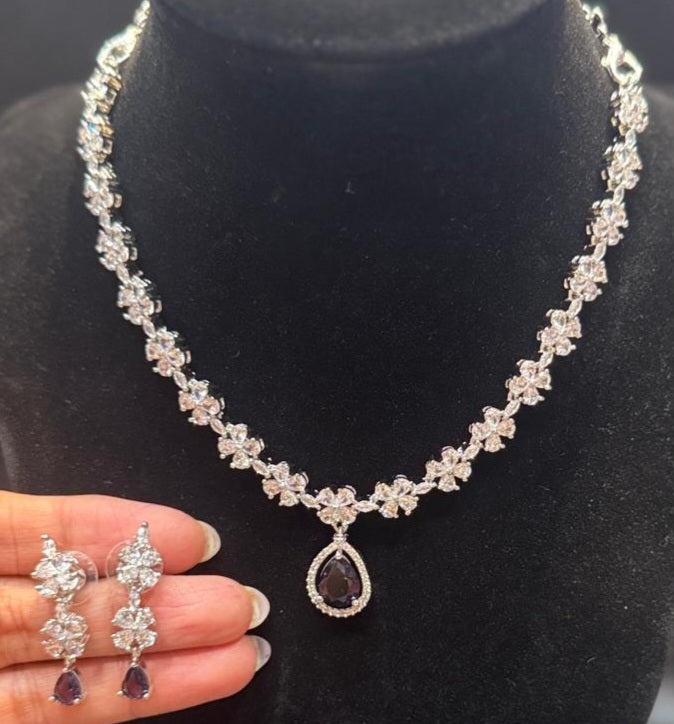 Adorable American Diamond White And Purple Color Stones Necklace And Earrings Set