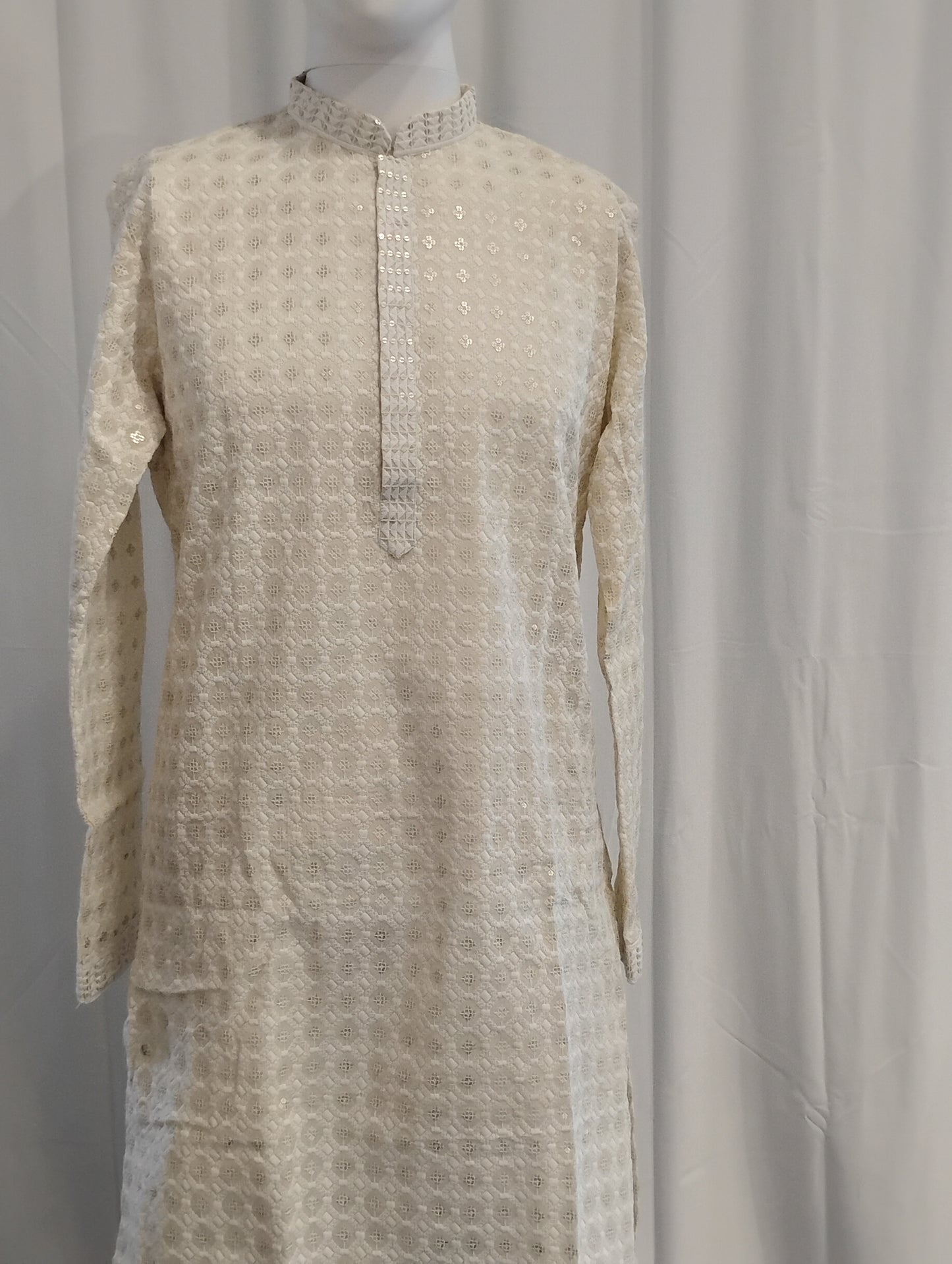Fantastic White Color Cotton With Sequins And Chikankari Work Kurta Suits For Men