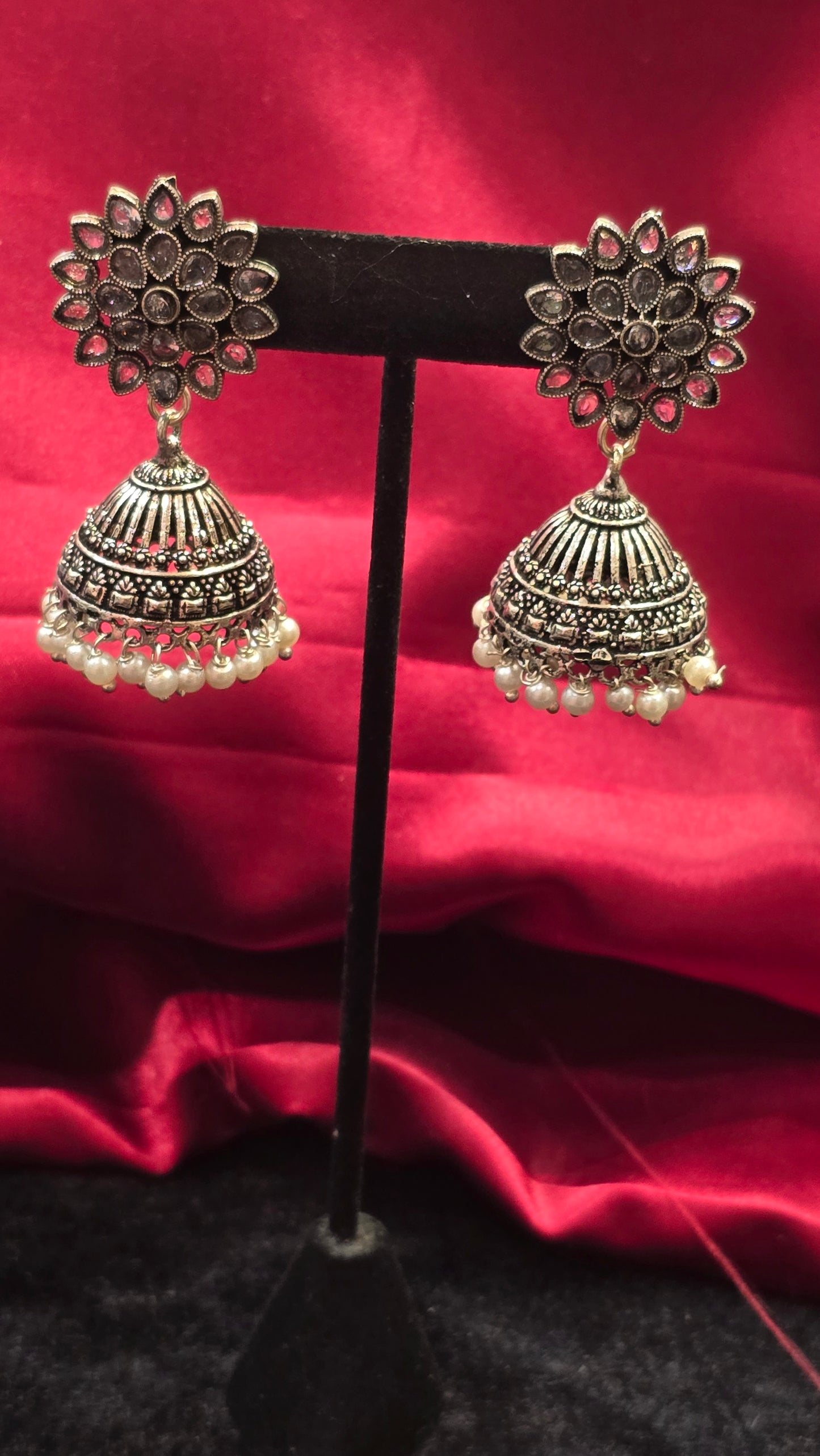 Gorgeous Grey Color Flowery Jhumkas