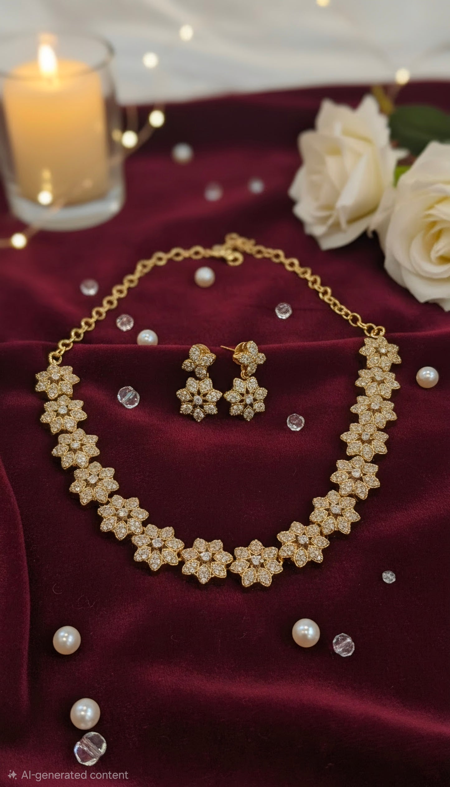 Pretty Gold Plated Flower Shaped Jewellery Set With Small White Stones