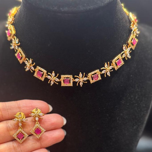 Exquisite Gold Plated Dark Pink Color Stones Necklace And Earrings Set 