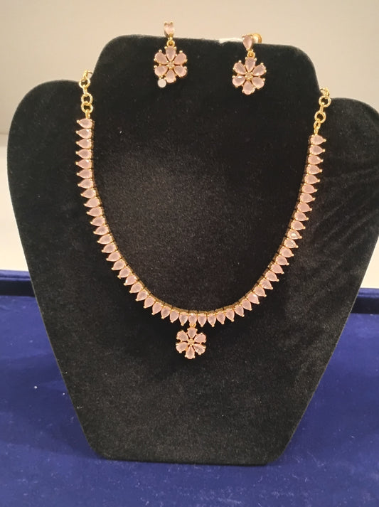 Elegant Light Pink Color Stones Gold Plated Necklace Set With Earrings For Women