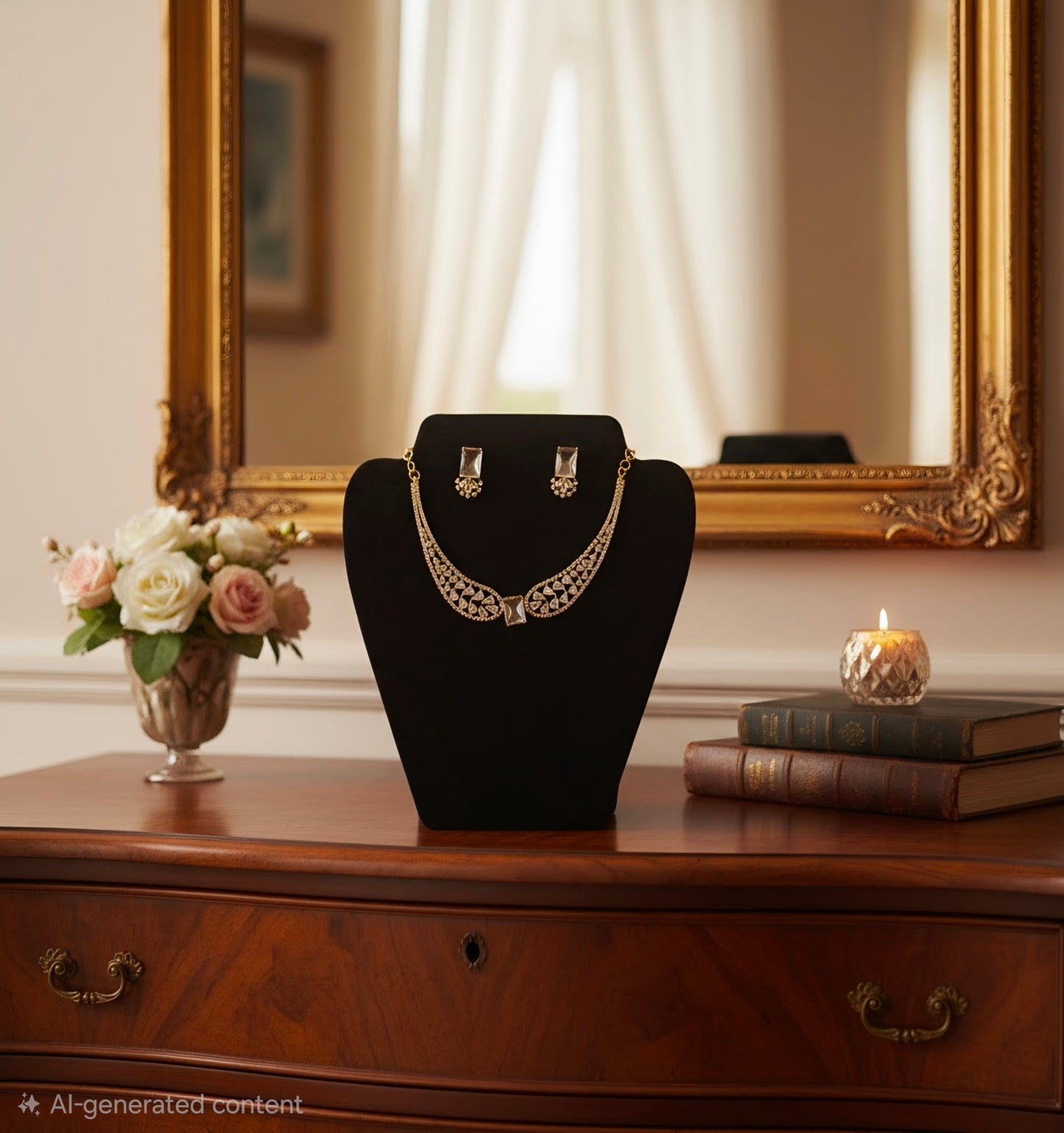 Elegant looking fancy gold plated necklace with white stones.