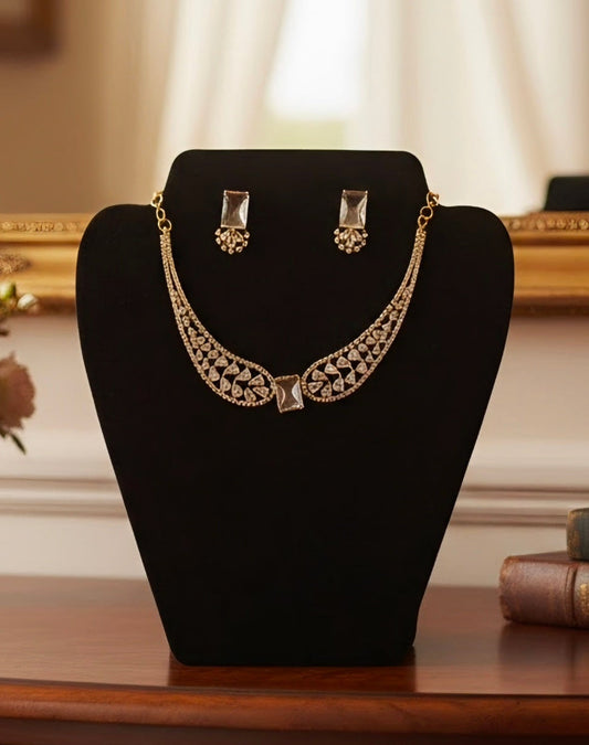 Elegant White Stones Studded Gold Plated Necklace With Earrings Set For Women