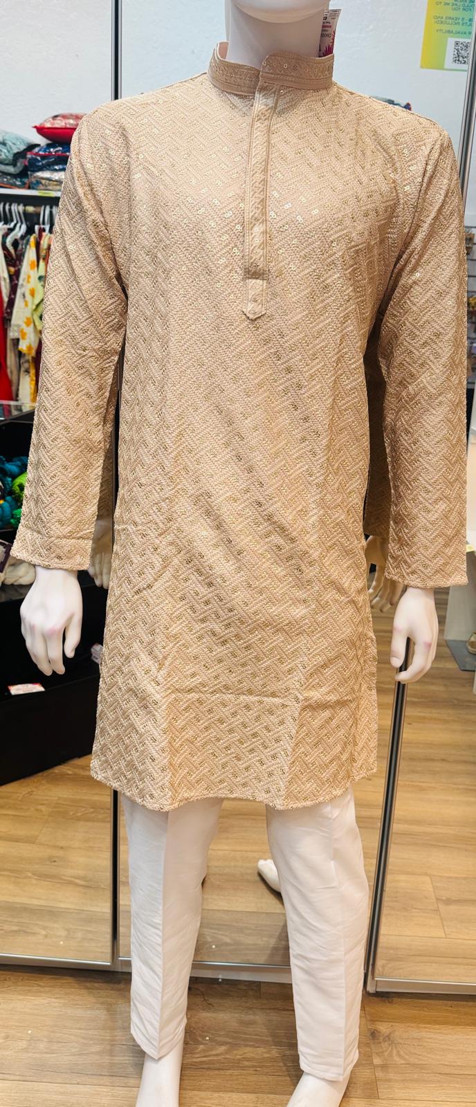 Marvelous Beige Color Rayon With Embroidery And Sequins Work Kurta And Pajama For Men