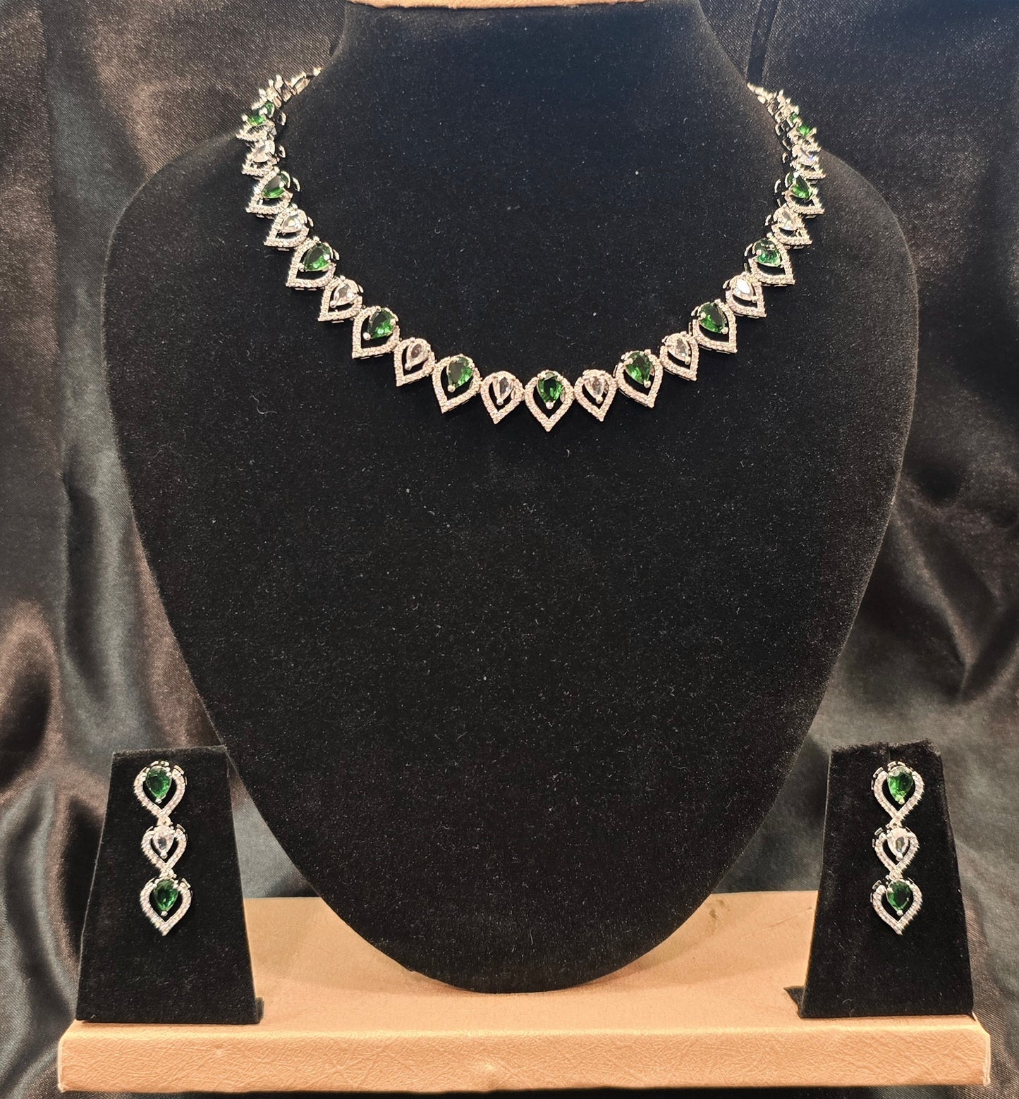 Alluring American Diamond Green And White Color Stones Necklace With Earrings Set