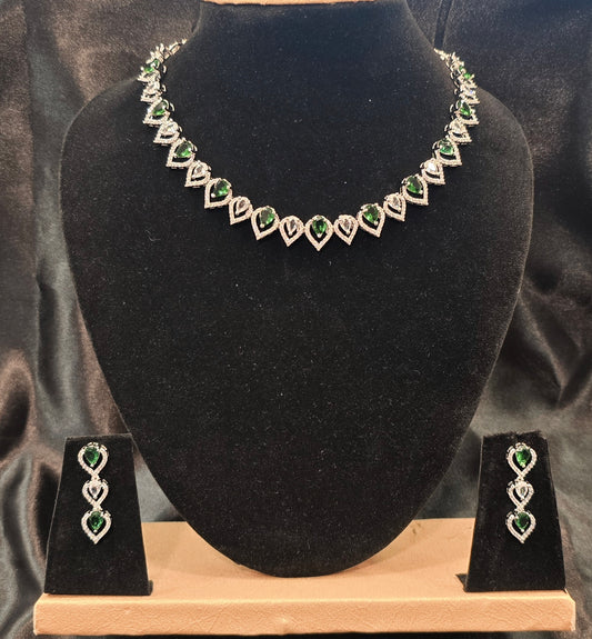 Alluring American Diamond Green And White Color Stones Necklace With Earrings Set