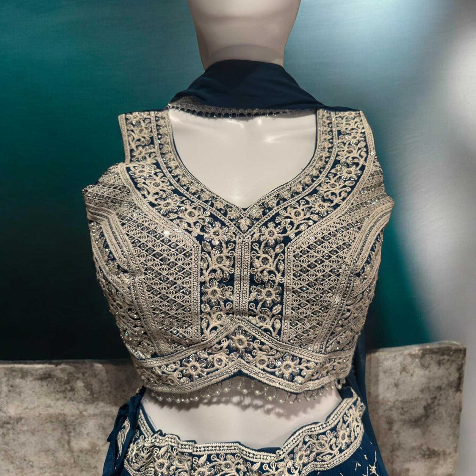 Blue Color Embroidery Mirror And Sequins Work Lehenga Near Me