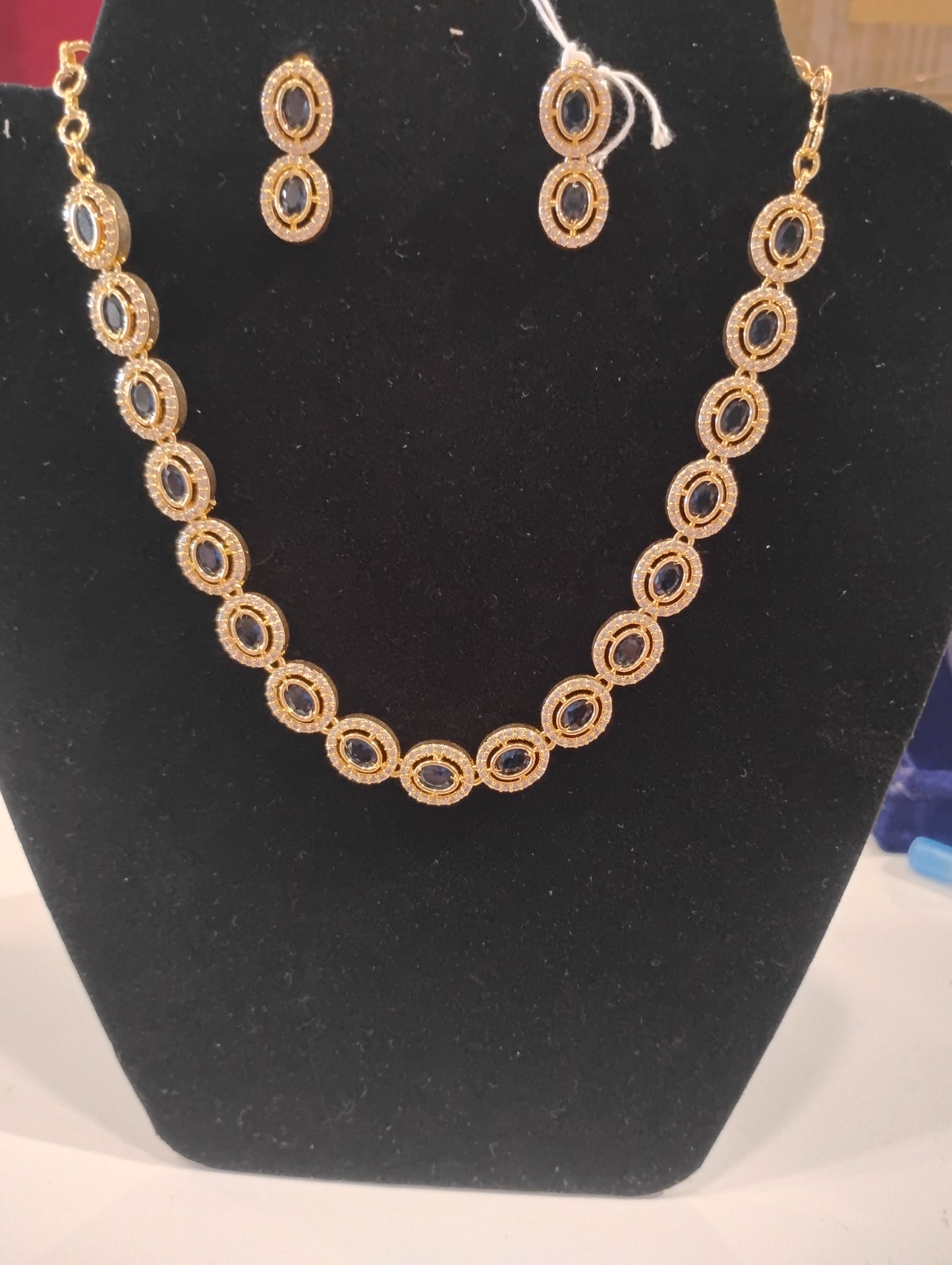 Beautiful Gold Plated White And Dark blue Stone Necklace Set With Earrings For Women