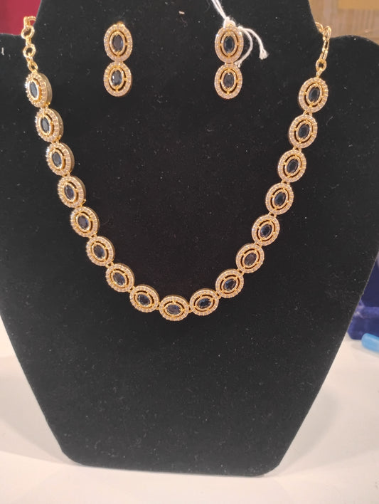 Beautiful Gold Plated White And Dark Blue Stone Necklace Set With Earrings For Women