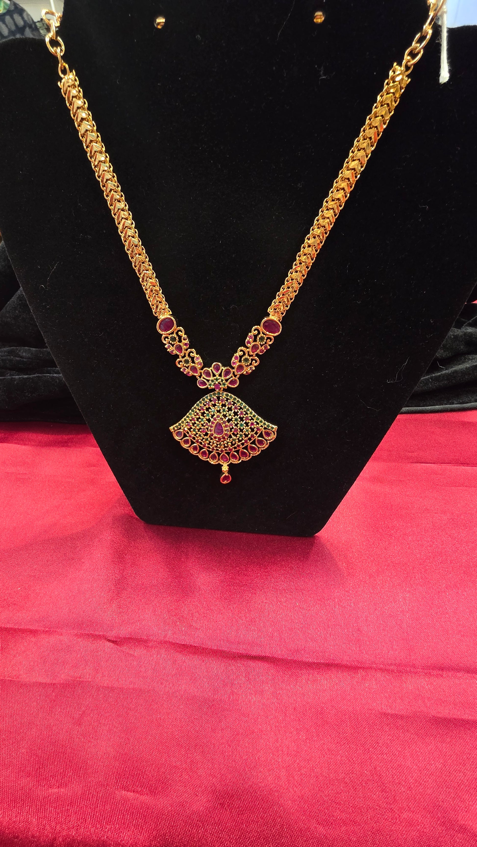 Elegant Gold Plated Necklace With Ruby Stones For Women