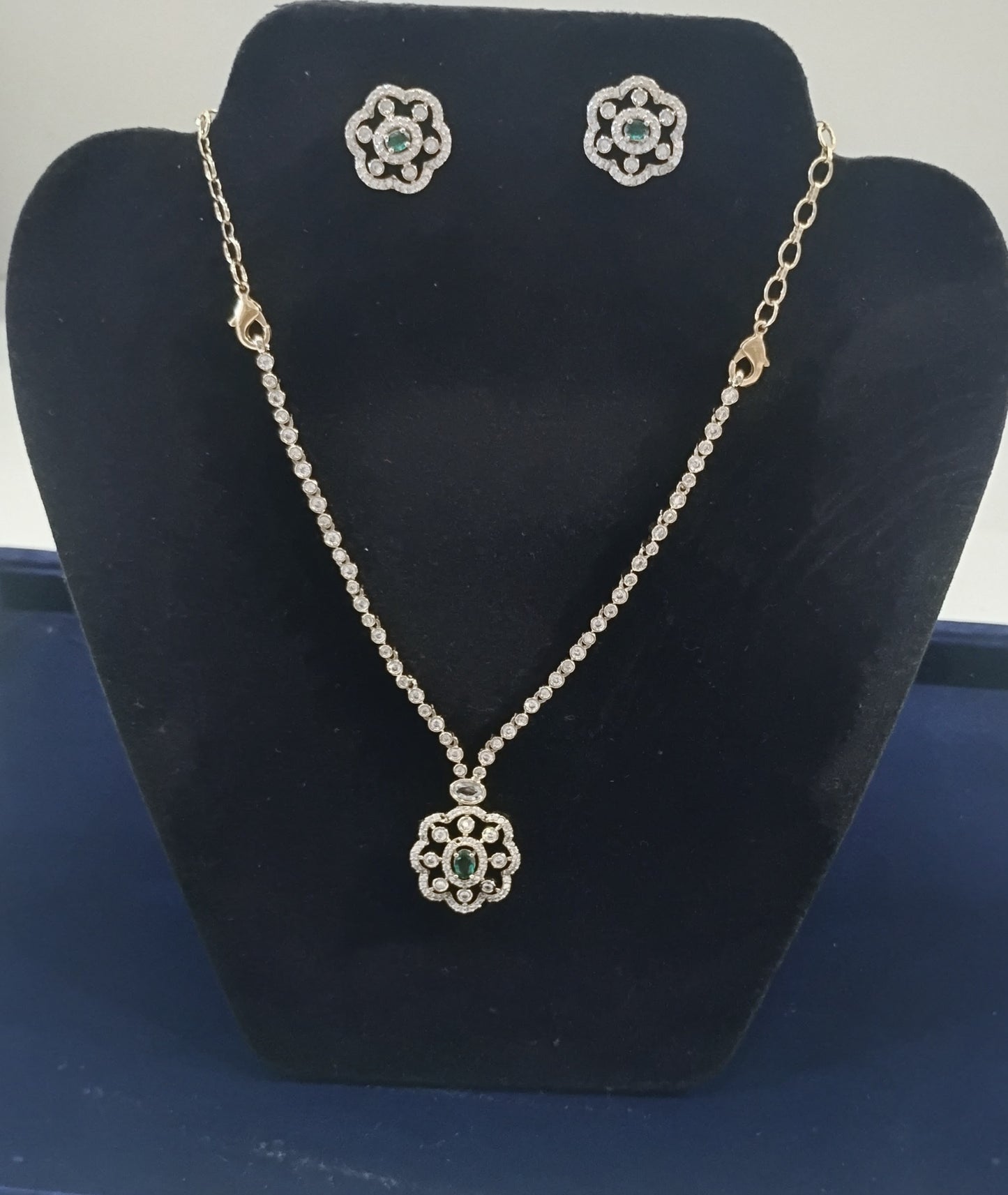 Beautiful Gold Plated White and Green Stones Necklace with Earrings For Women