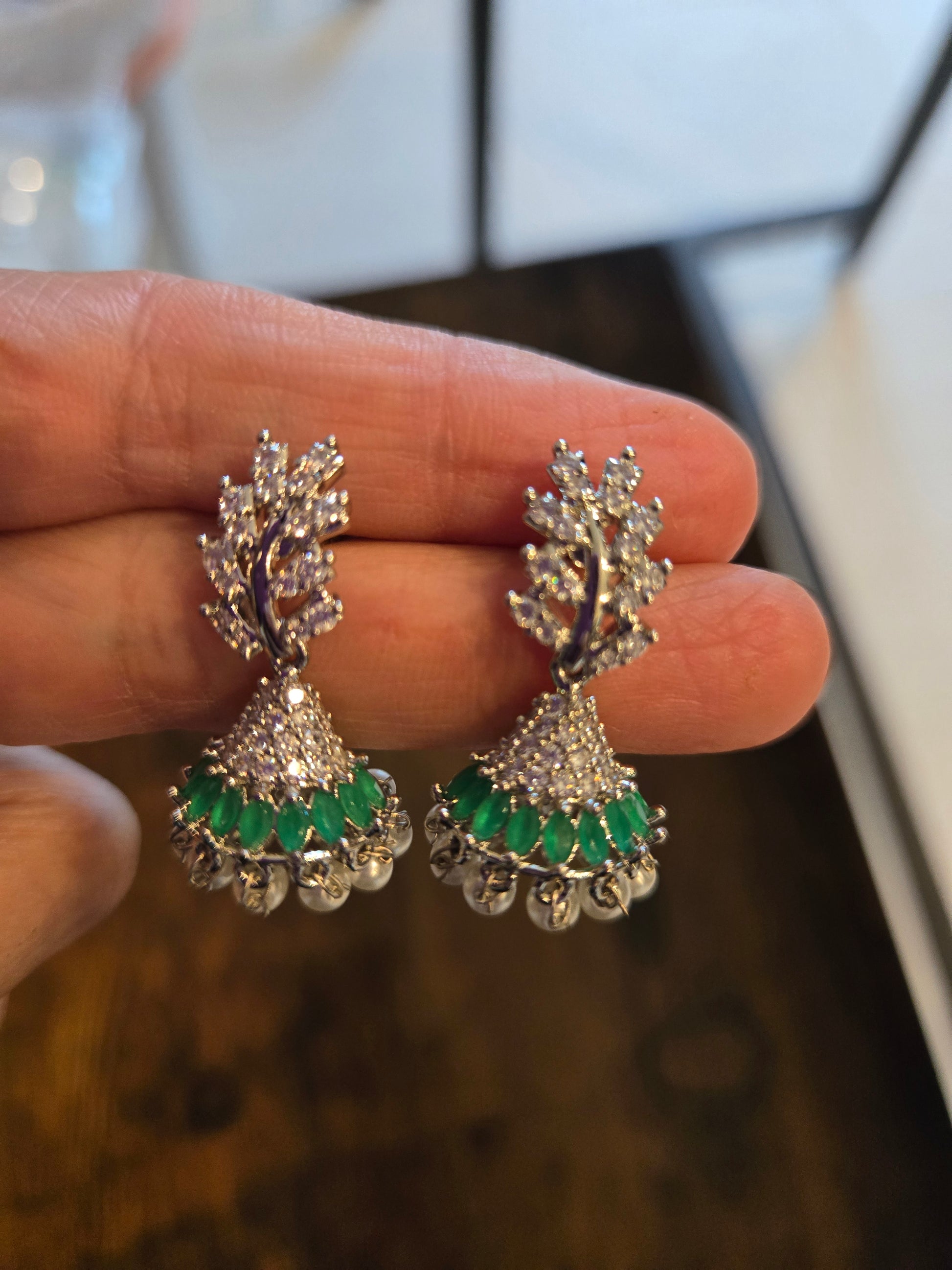 Attractive Leaf Design American Diamond Green Color Earrings Near Me