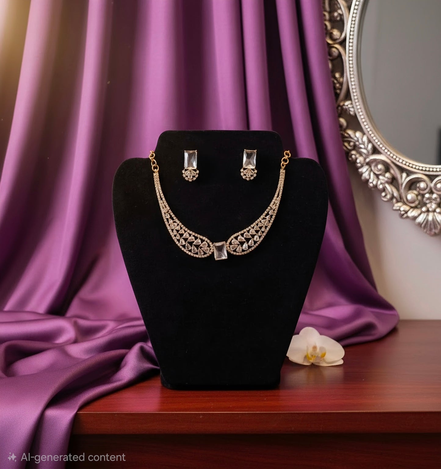 Elegant looking fancy gold plated necklace with white stones.
