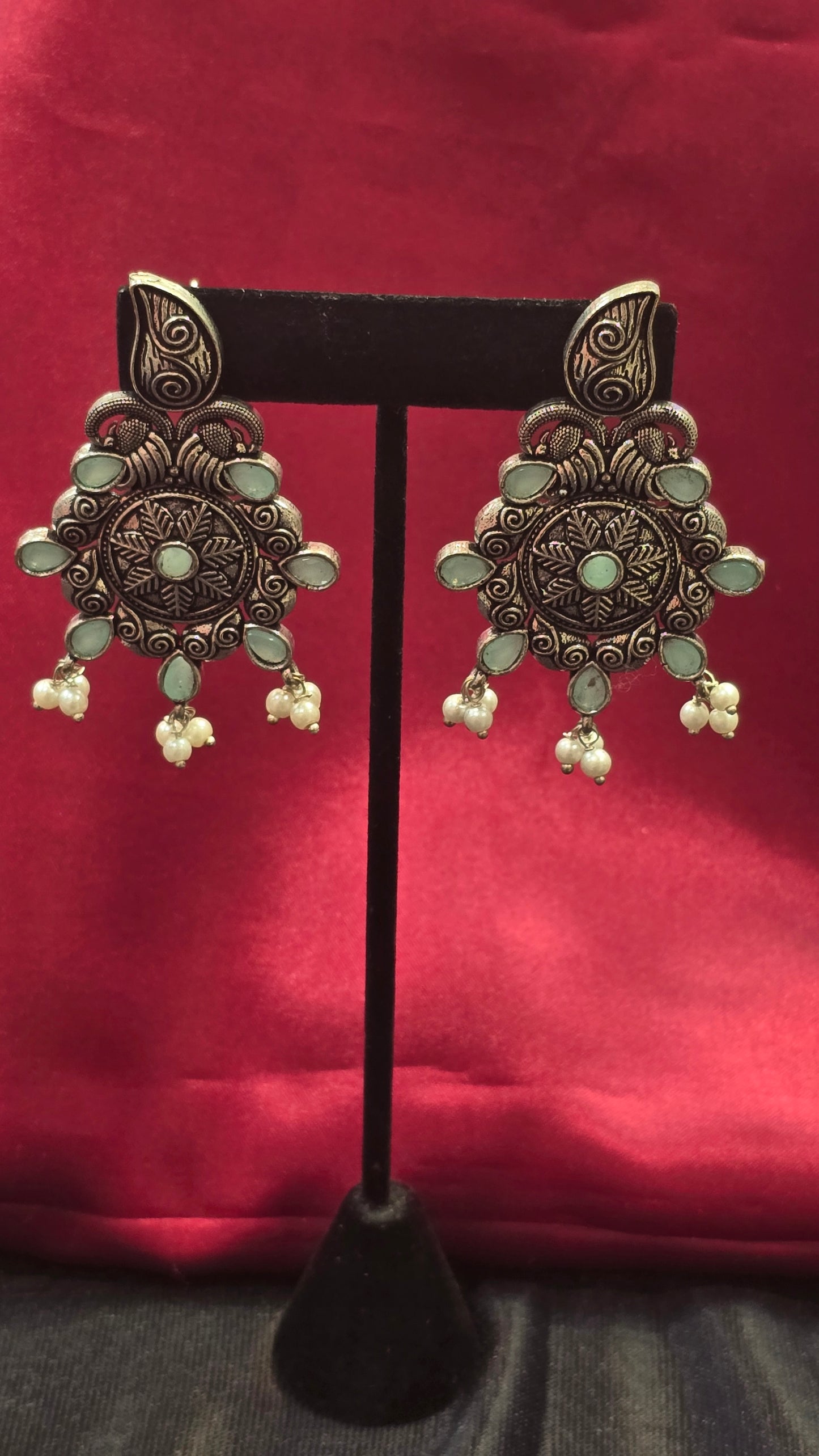 Flower Design Light Blue Color Oxidized Earrings For Women