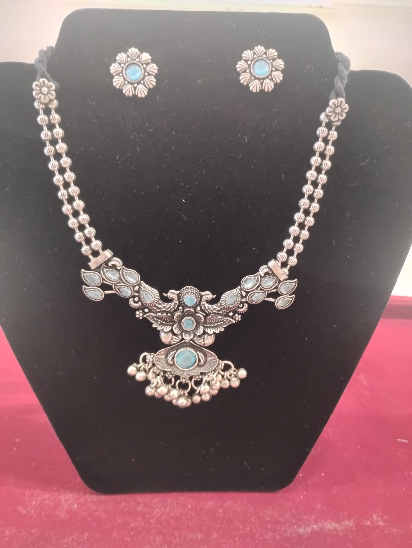 Beautiful Light Blue colored Stone Oxidized necklace And Earrings Made With Brass And Copper
