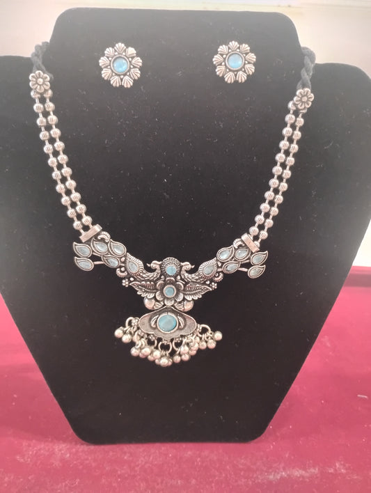 Charming Light Blue Color Stone Oxidized Necklace And Earrings For Women