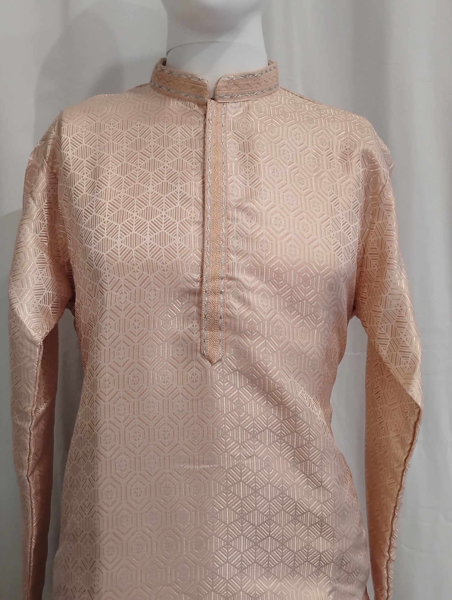 Fabulous Light Peach Color Self Design Kurta With Pajama Set For Men