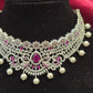 Elegant Ruby Stoned With Flower Design American Diamond Set And Earrings For Women