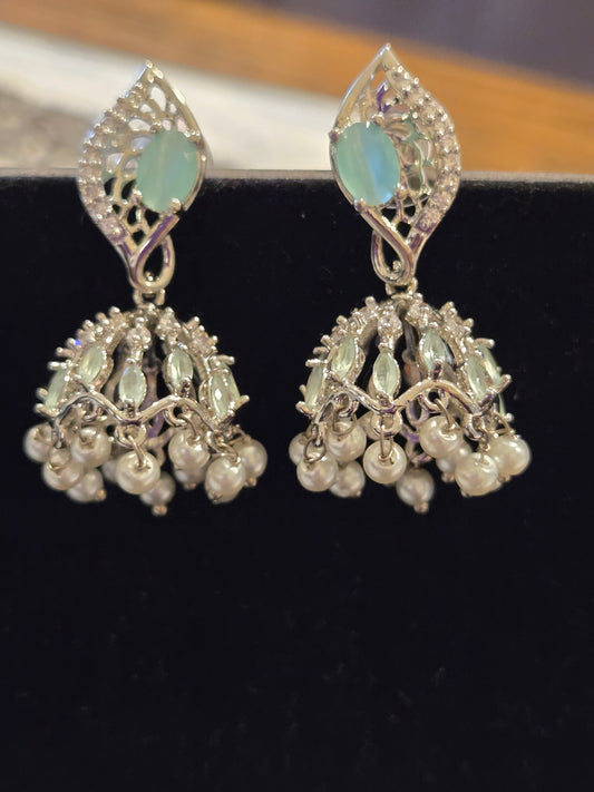 Elegant Light Green American Diamond Jumkha Earrings For Women