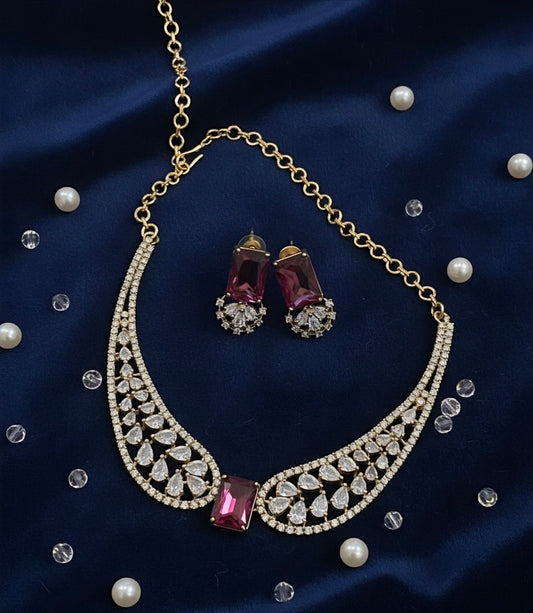Gorgeous Red And White Stones Embadded Gold Plated Necklace With Earrings Set