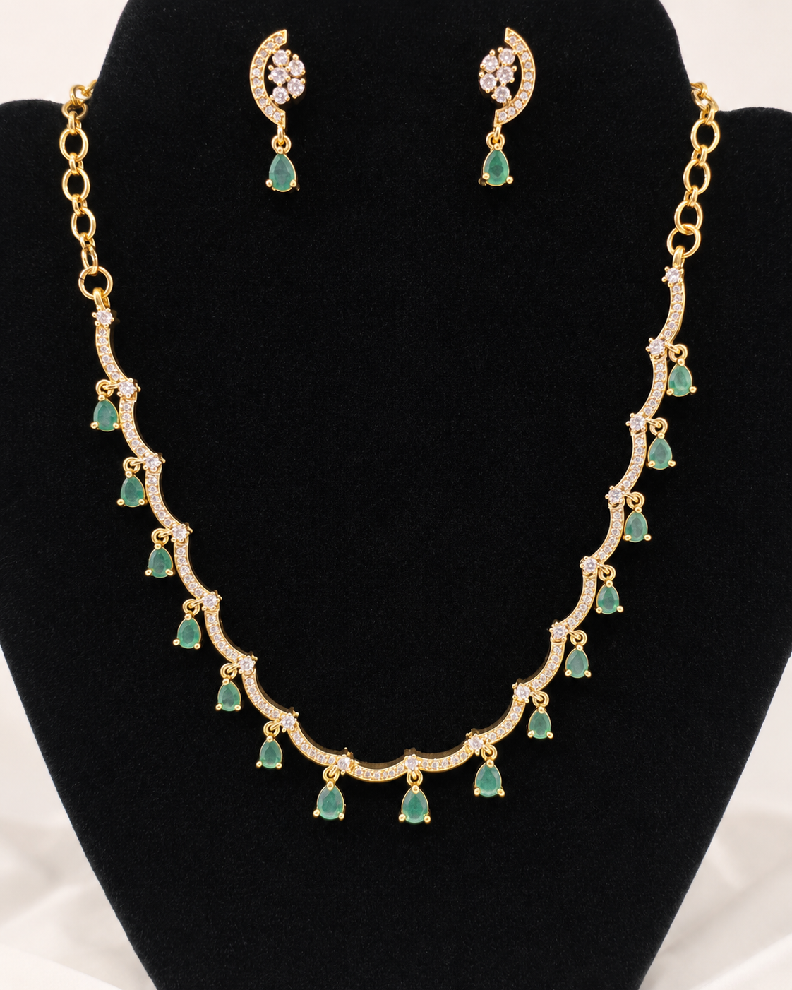 Amazing Gold Plated White And green Stone Necklace Set With Earrings For Women