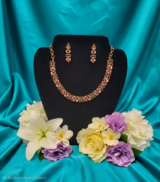 Stunning Pink And White Stones Studded Gold Plated Necklace With Earrings Set