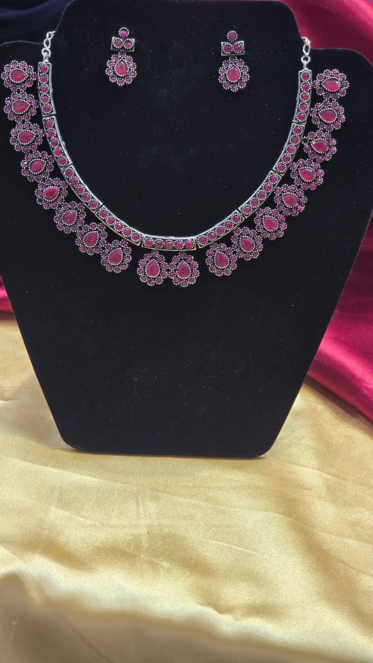 Dark Pink Color Stoned Necklace Set