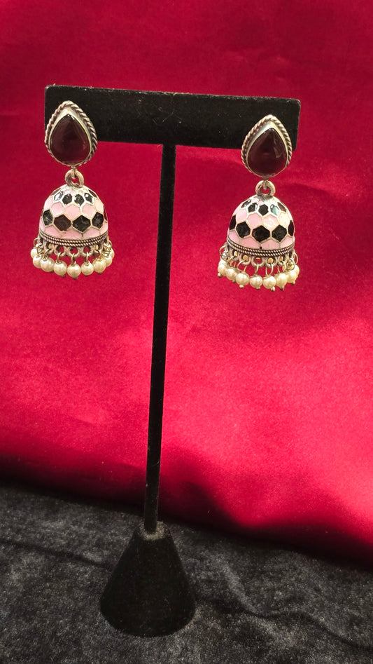 Maroon Stoned With Pink And Black Diamond Design Earring