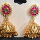 Fantastic Gold Plated With Dark Pink And Green Stones Earrings For Women