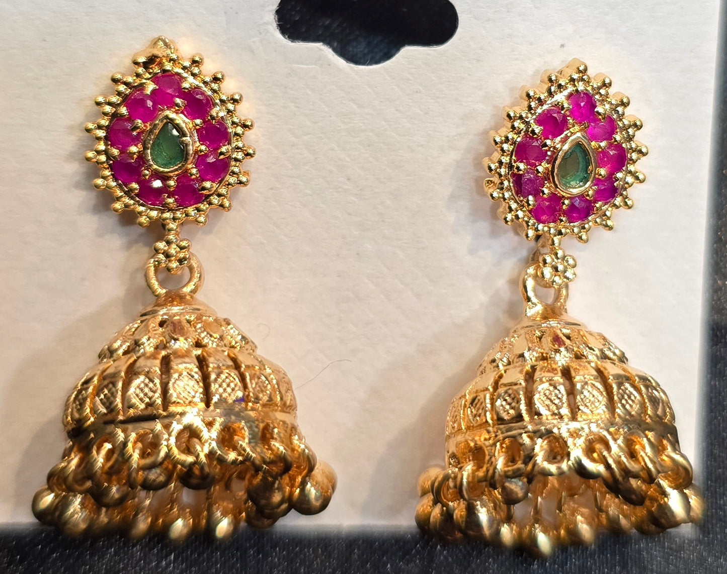 Fantastic Gold Plated With Dark Pink And Green Stones Earrings For Women
