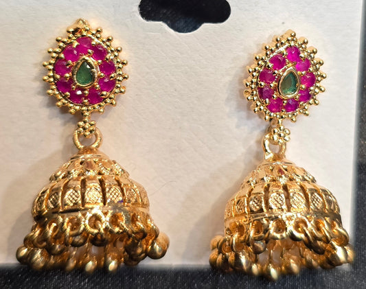 Fantastic Gold Plated With Dark Pink And Green Stones Earrings For Women