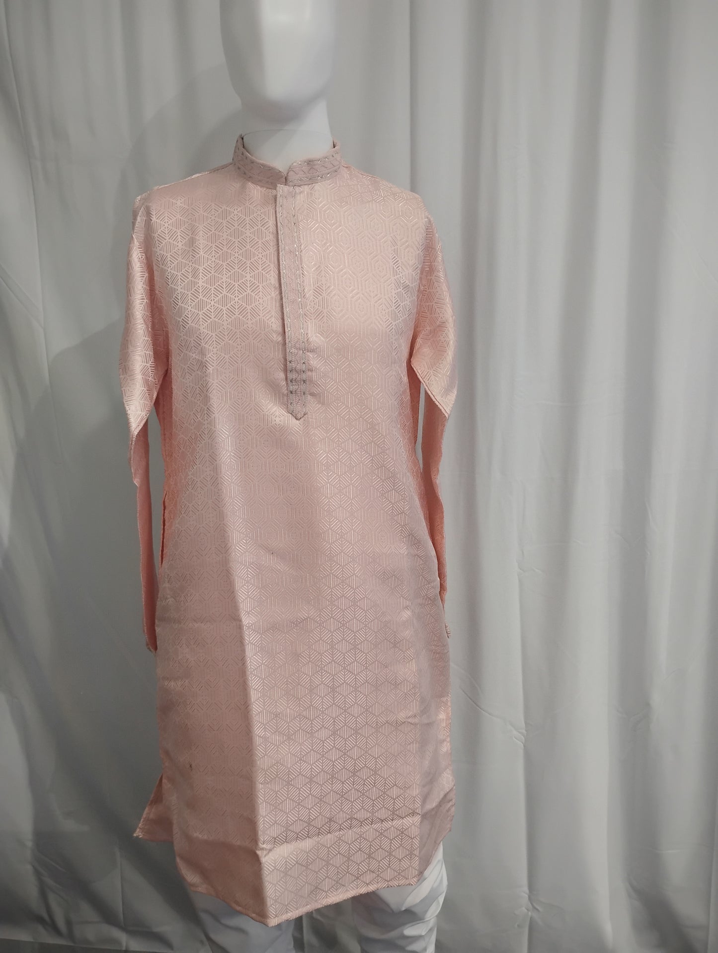 Pretty Light Pink Color Self Design Kurta With Pajama Set For Men