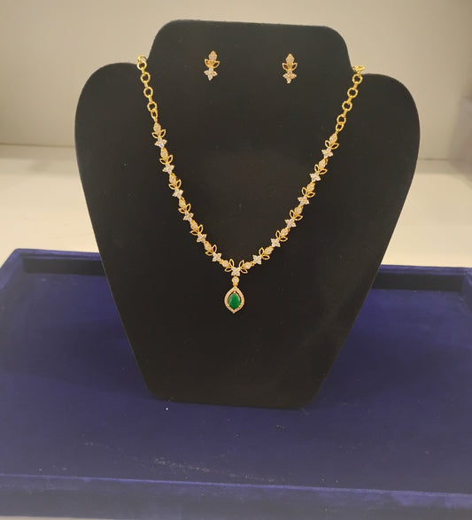 Amazing Gold Plated White And Green Stones Necklace With Earrings
