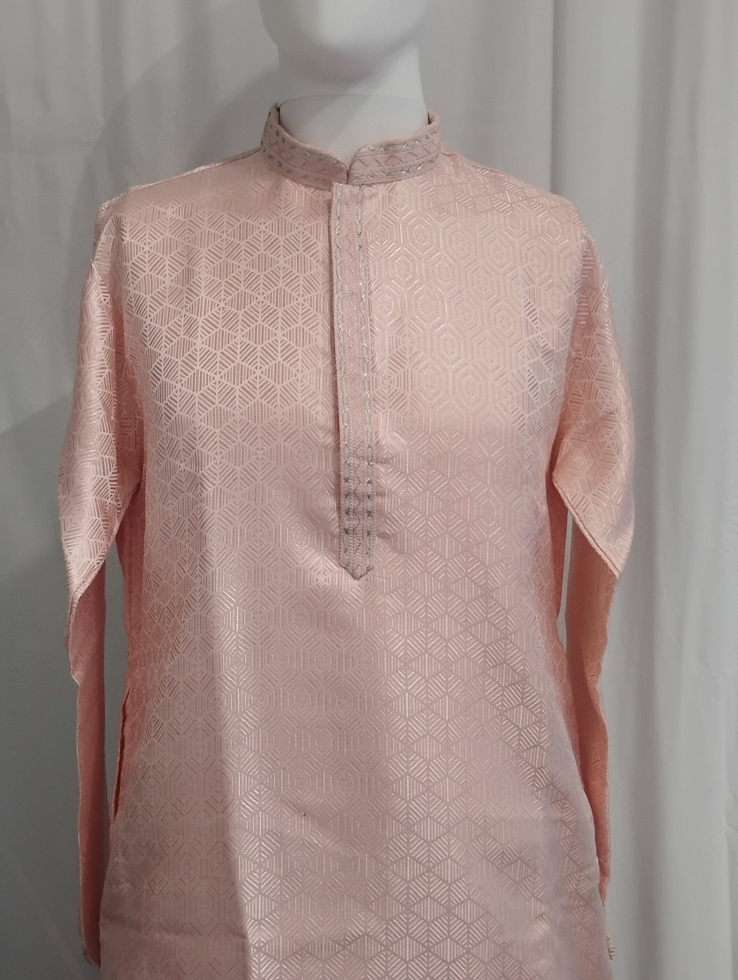 Pretty Light Pink Color Self Design Kurta With Pajama Set For Men