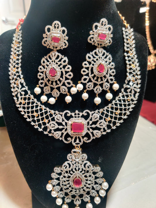 Classy Pink Stone Desinger Necklace Set With Pearl Hanging Earrings 