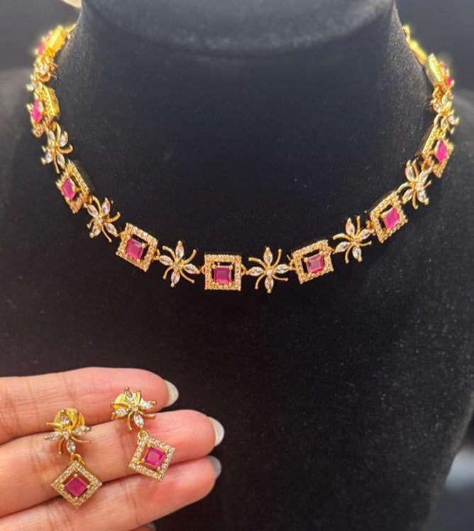 Gold Plated Dark Pink Color Stones Necklace And Earrings Set Near Me