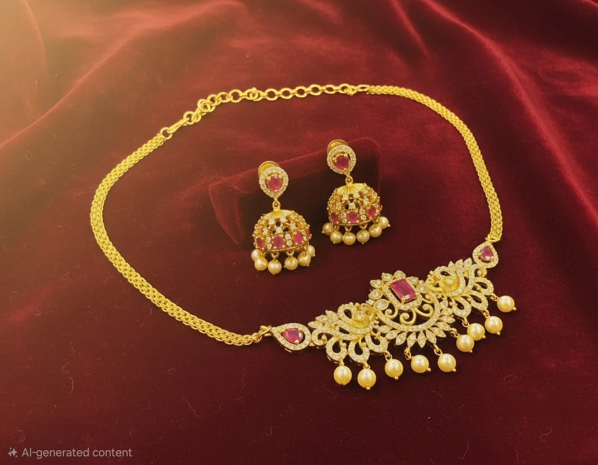 Beautiful Pink And White Stones Gold Plated Choker Set With Earrings For Women