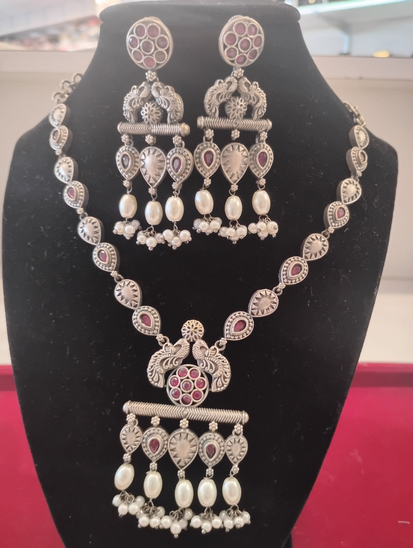 Red Stone with pearl Oxidized medium Chain And Earrings Made With Brass And Copper