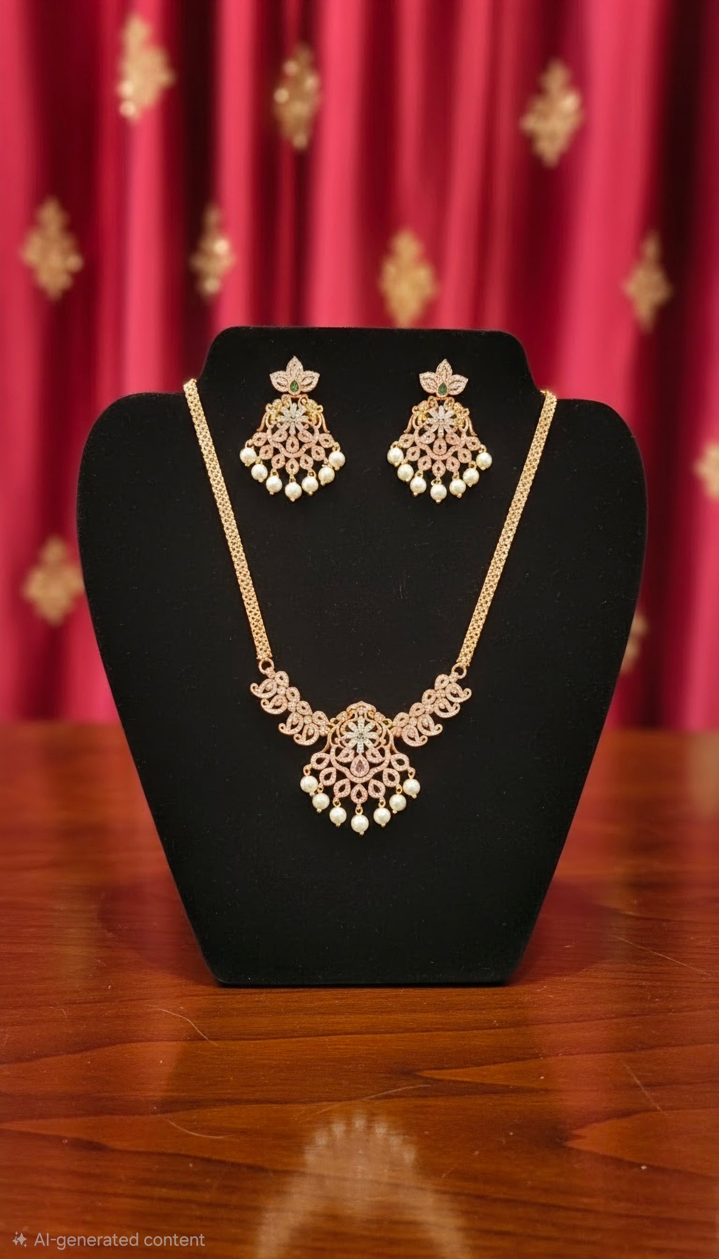 Pretty gold plated white, green and pink stones necklace with pearls.