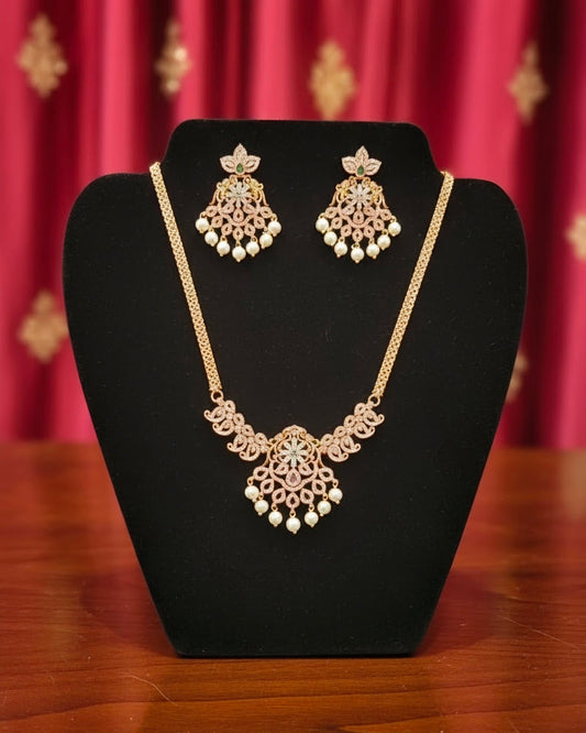 Charming Pink, Green And White Stones And Pearls Gold Plated Necklace With Earrings Set